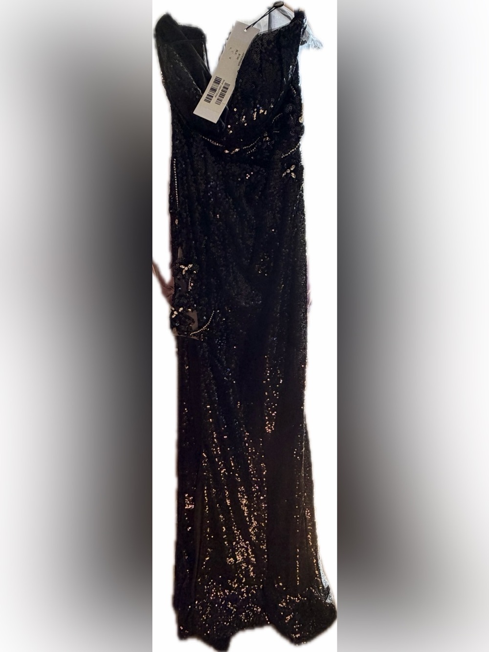 JVN by Jovani Black Sequin Spaghetti Strap Slit Gown - Picture 2 of 7